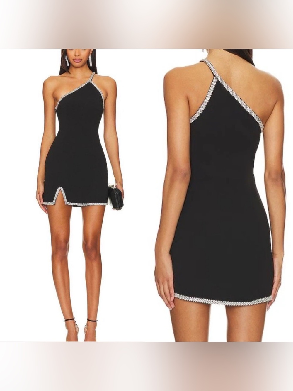 Lovers + Friends Black One-Shoulder Mini Dress with Rhinestone Trim M - Picture 3 of 6